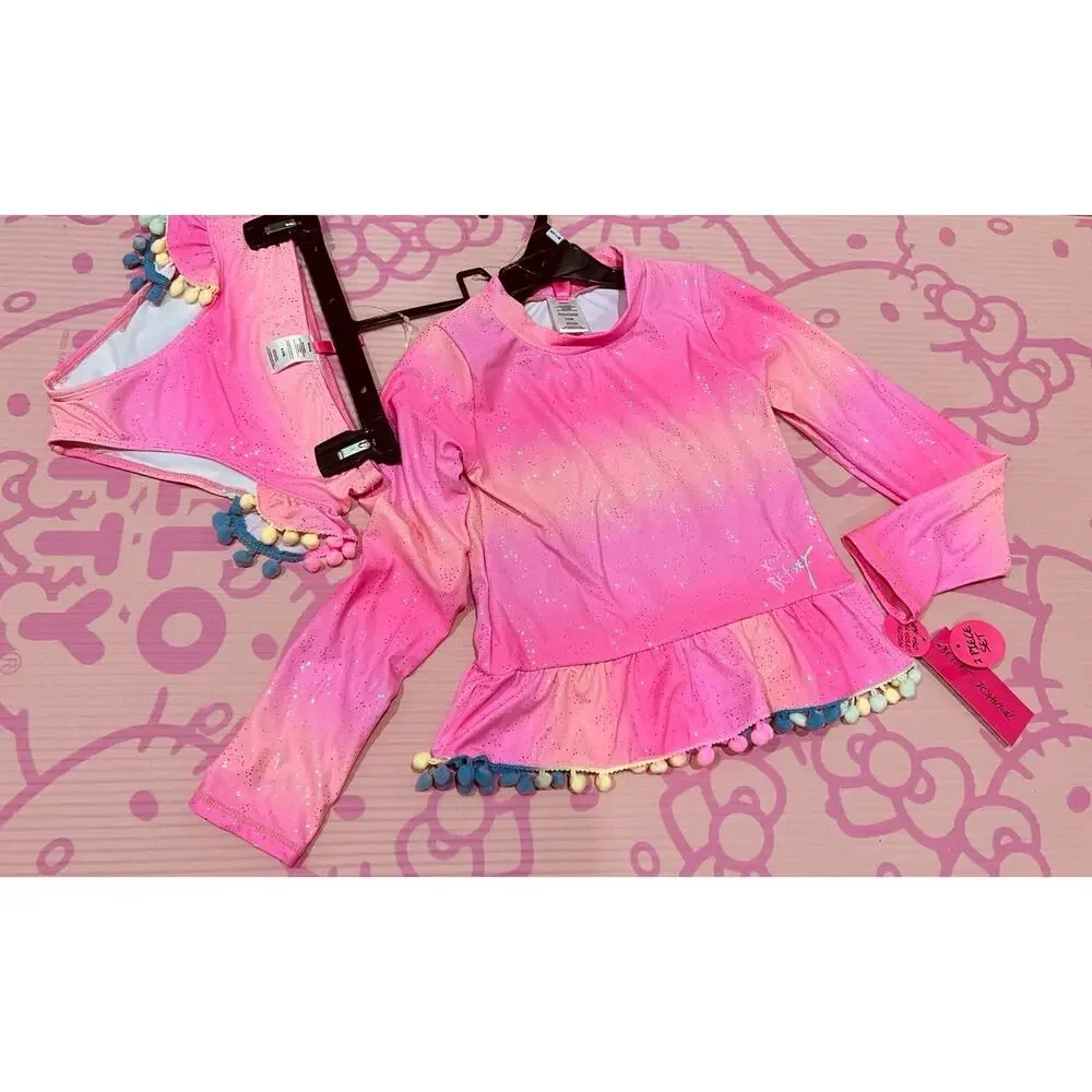NWT❤️Betsey Johnson Girl's Long Sleeve 2 Pc Rash Guard Tankini Swimsuit sz14